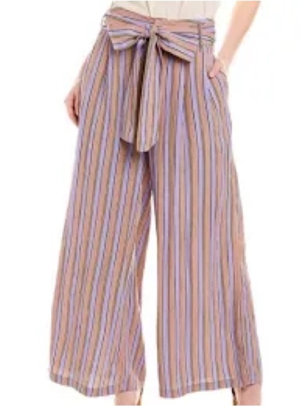 Moon River Striped Wide-Leg Tie-Waist Pants in Tan and Lavender